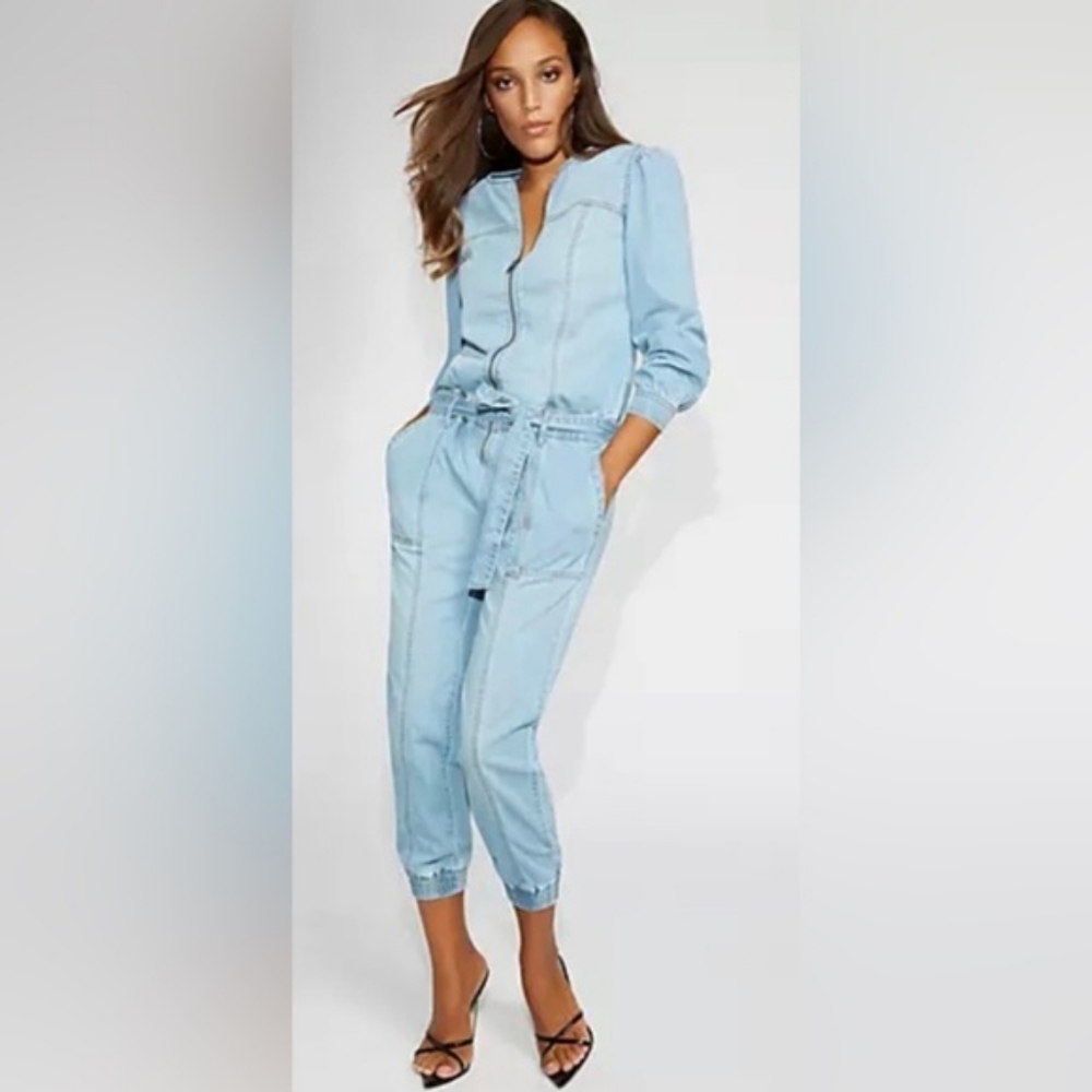Light Blue Denim Jumpsuit with Tie Waist